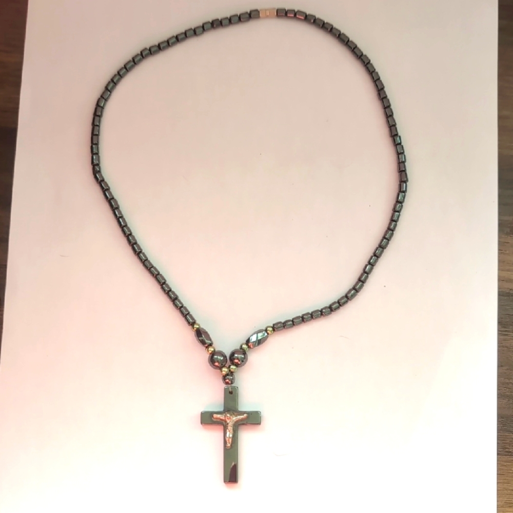 Vintage Hematite Beaded Crucifix Necklace